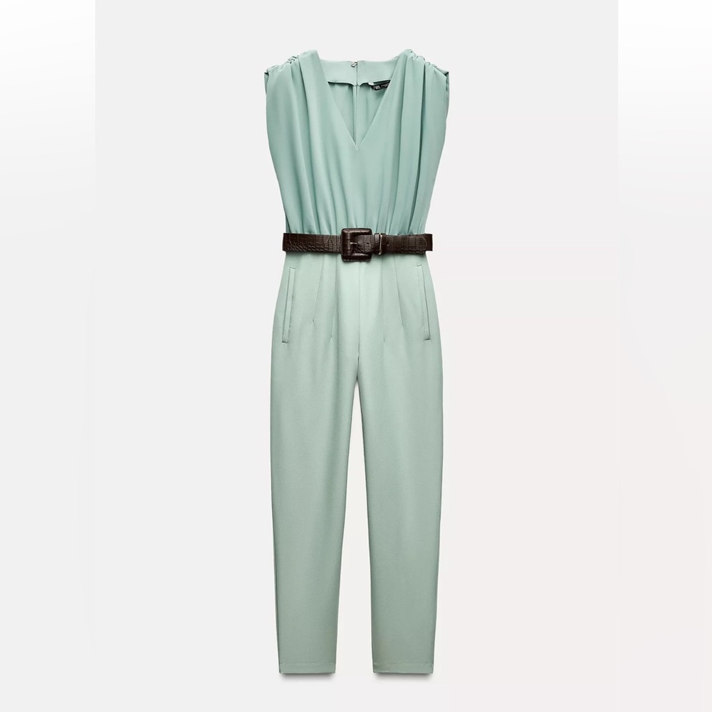 Zara NWT Size XS Sleeveless V-Neck Jumpsuit with Ruching at Shoulders